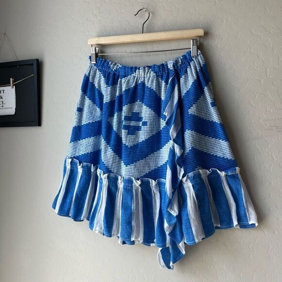 Lemlem Blue Striped Aztec Print Boho Ruffled Summer Beach Mini Skirt Size Large - Picture 1 of 6